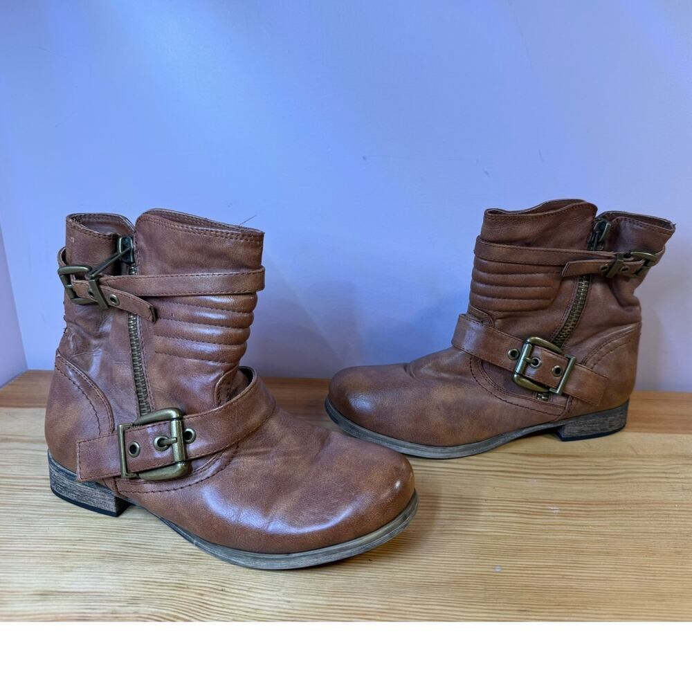 Aldo Brown Leather Moto Ankle Boots Womens EU 36 Buckle Zip Low Heel